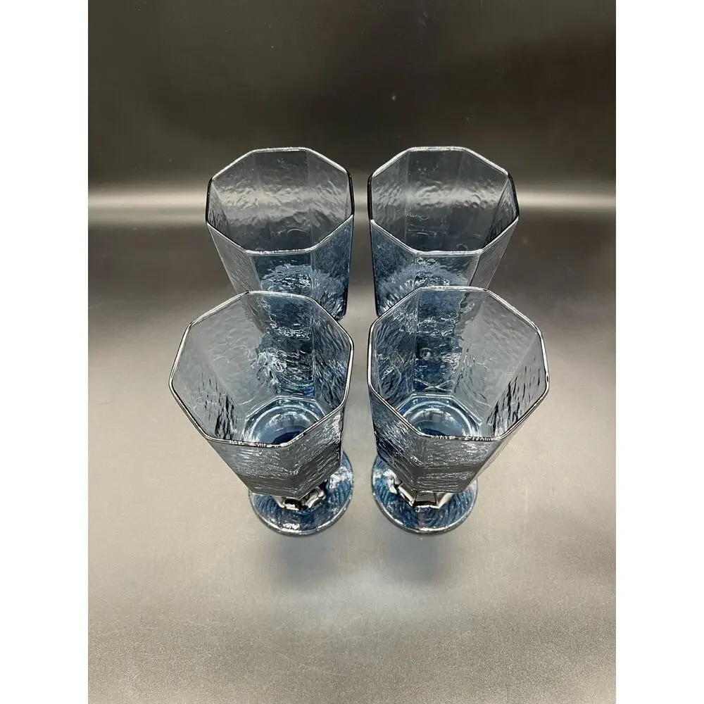Vintage Libbey Facets Cobalt Blue Textured Set of 4 Water Goblets Octagon 6.75
